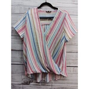 West Kei  Wrap Blouse  Woman's Size Large Striped Short Sleeve